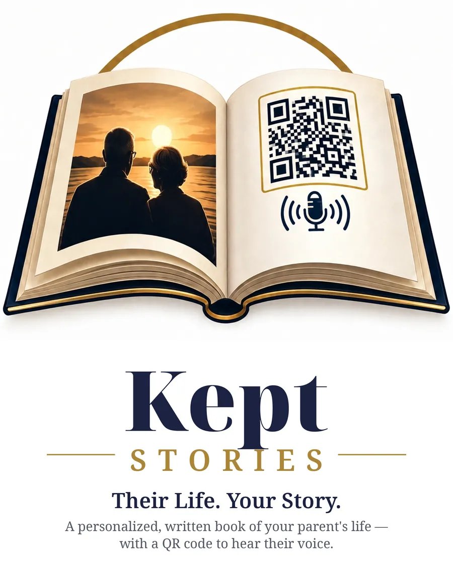 An open Kept Stories book: a sunset photo of Mom and Dad on the left page, a chapter QR code on the right