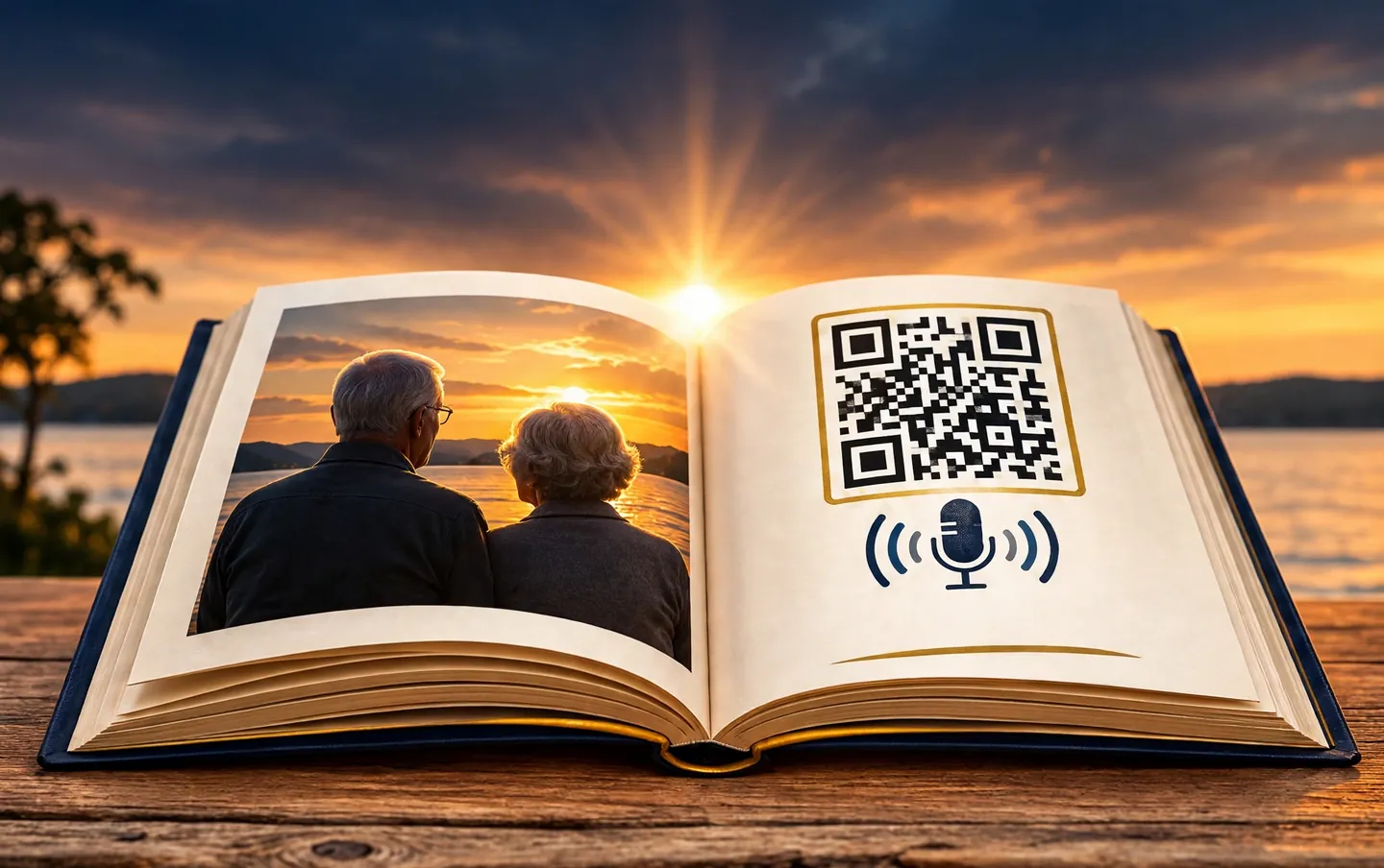 An open Kept Stories book at sunset — a photo of Mom and Dad on one page, a QR code that plays their voice on the other