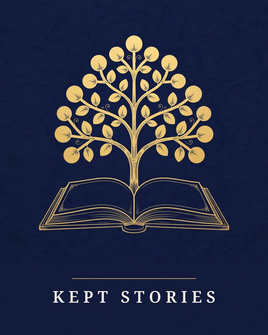 Kept Stories — a golden family tree growing from an open book